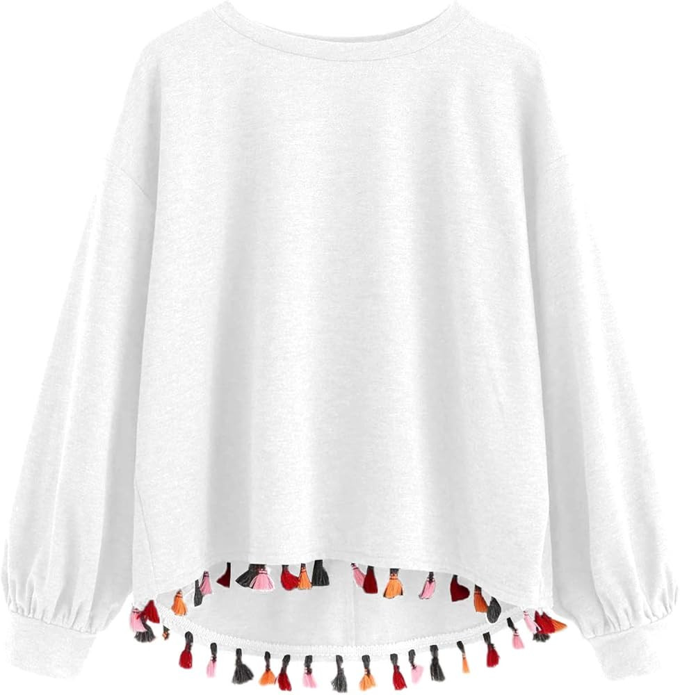 SweatyRocks Casual Sweatshirts Crewneck Long Sleeve Tassel Trim Dip Hem Loose Pullover Lightweigh... | Amazon (US)