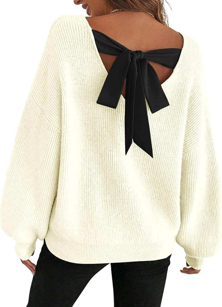 ZAFUL Women's Bow Chunky Knit Sweater Crew Neck Long Sleeve Knitted Sweater Trendy Fall Winter Pu... | Amazon (US)
