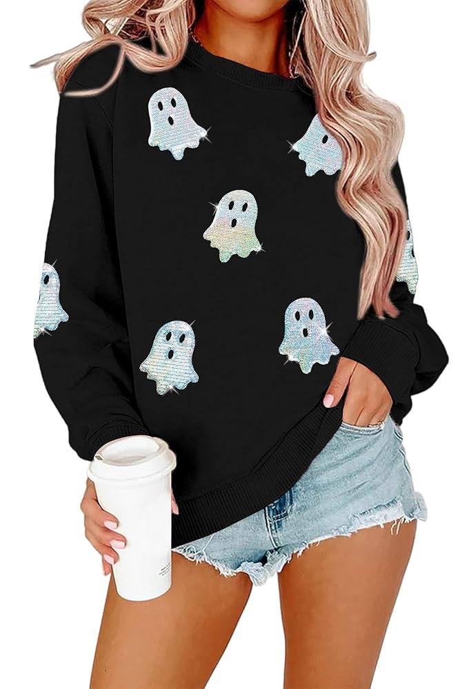 MYHALF Halloween Sweatshirts Women Colorful Sequin Ghost Graphic Pullover Shirt Halloween Witch C... | Amazon (US)