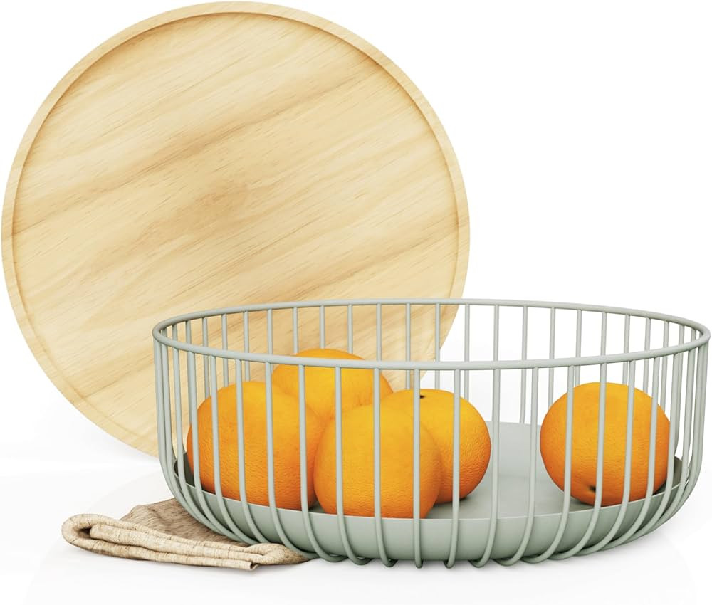 Fruit Basket with Wooden Bamboo Lid- Fruit Bowl For Kitchen Counter - Countertop Bin for Produce ... | Amazon (US)