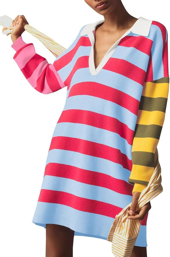 Saodimallsu Womens Striped Oversized Sweater Dress V Neck Collared Color Block Knit Long Sleeve M... | Amazon (US)