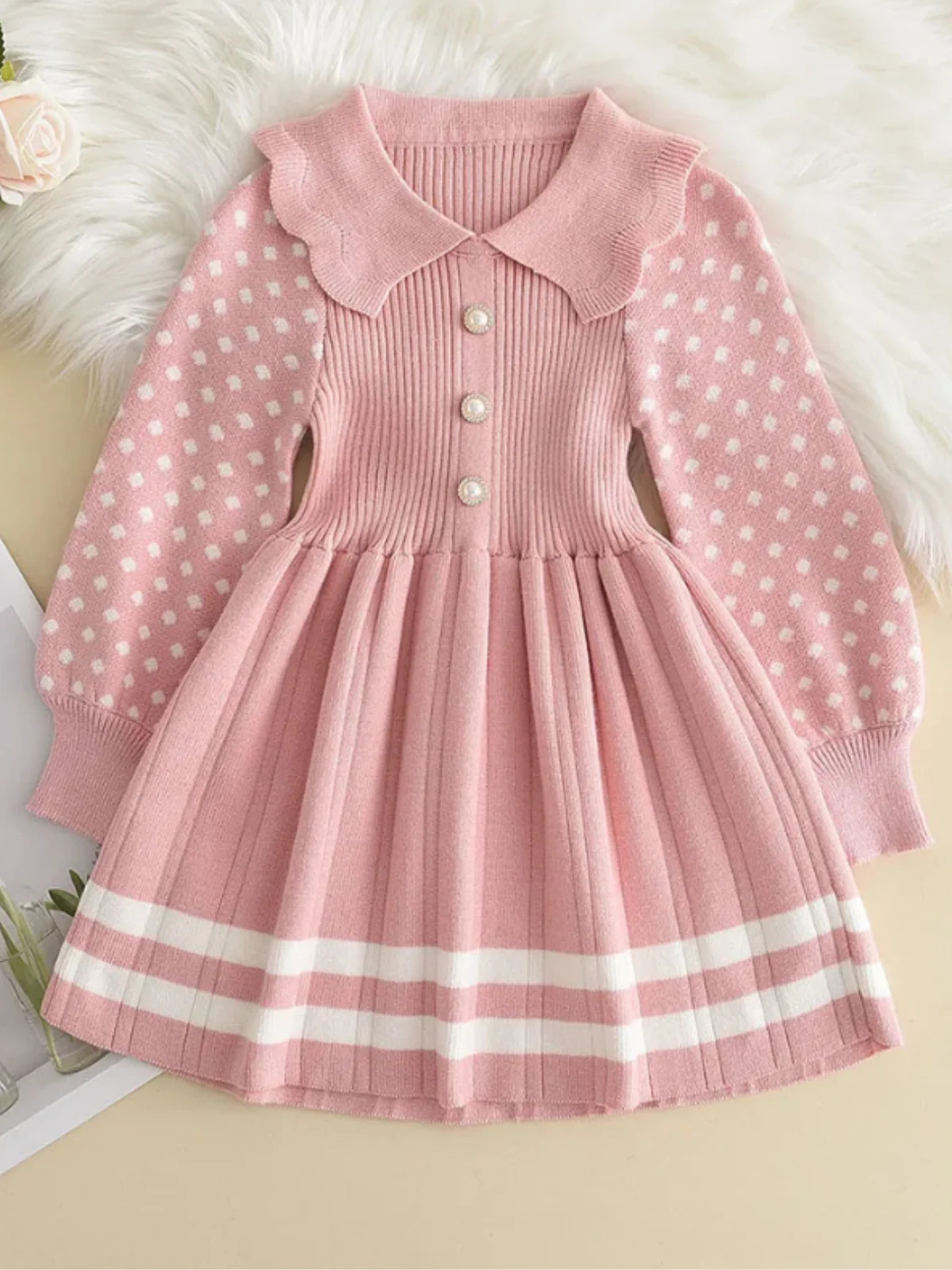 Adorable Polka Dot Sleeve Pleated Knit Dress Pink / 6Y | Mia Belle Girls