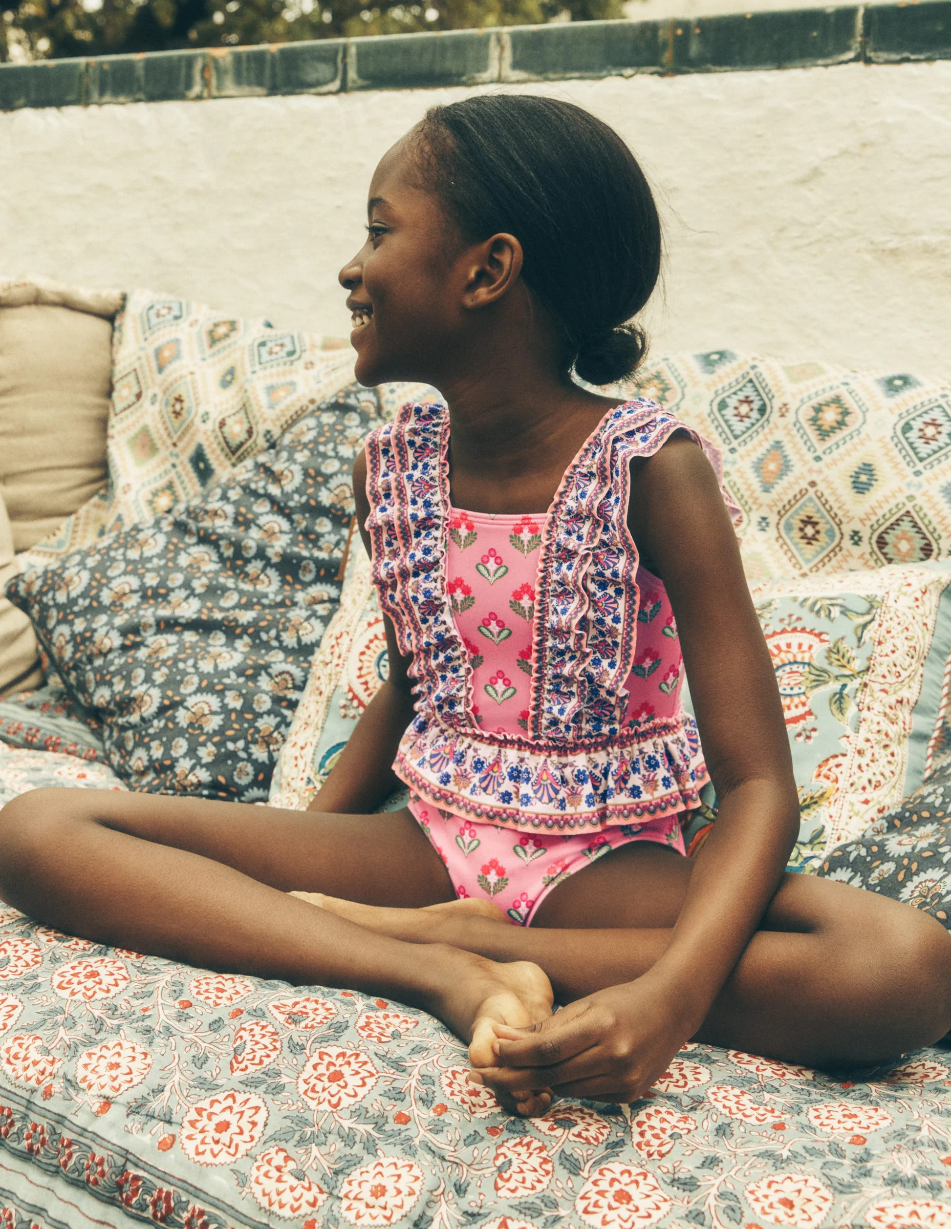 Frill Peplum Swimsuit-Pink Multi Woodblock | Boden (US)