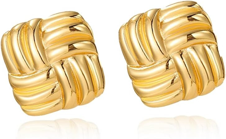 Gold Statement Chunky Stud Earrings for Women，Geometric Square Textured Vintage Trendy Jewelry | Amazon (US)