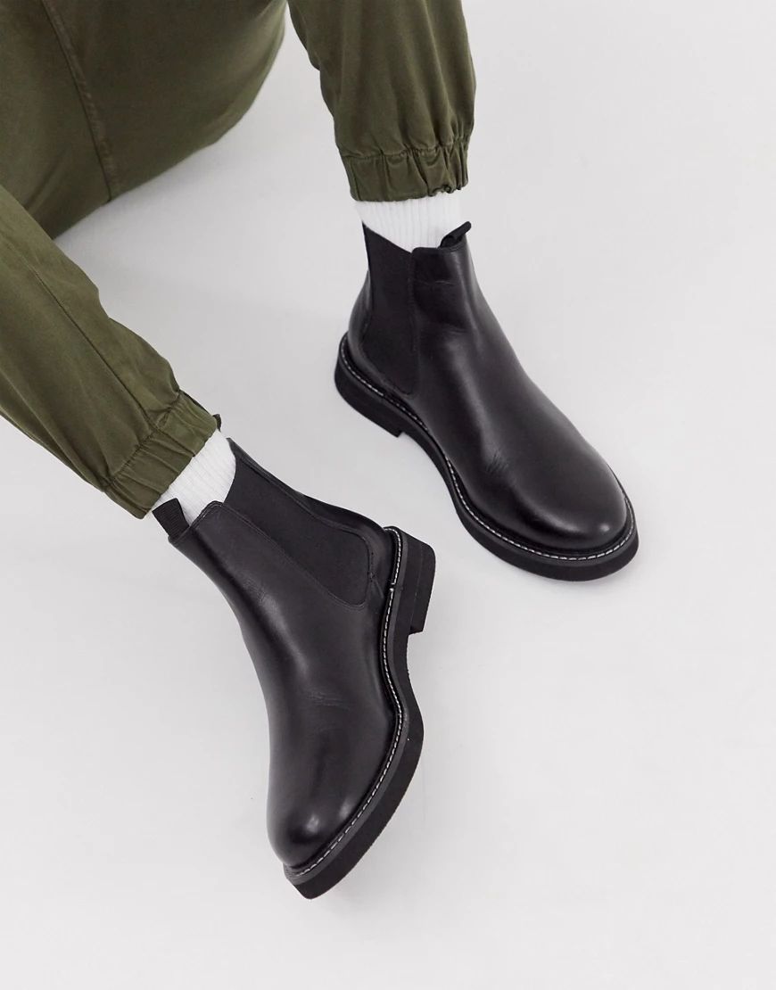 ASOS DESIGN chelsea boots in black leather with chunky sole | ASOS (Global)