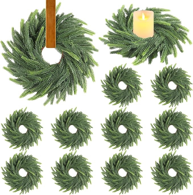 Aneco 12 Pieces Christmas Candle Ring Wreath with Ribbon Mini Wreaths Outer Diameter 6 Inch Artif... | Amazon (US)
