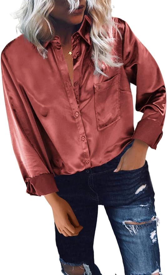 Sidefeel Women Retro Velvet Long Sleeve Button Down Shirt Solid Color Blouse Tops | Amazon (US)