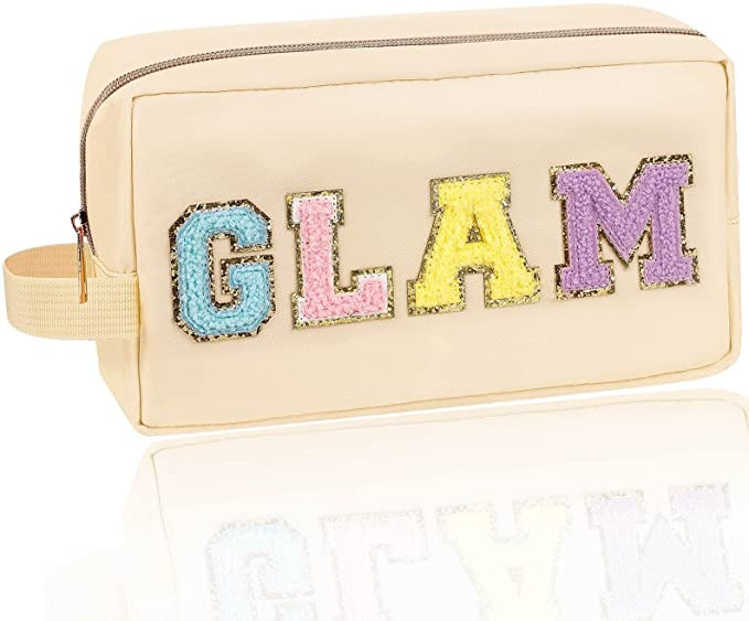 Iqimott Preppy Patch Makeup Bag, Chenille Letter Makeup Pouch Small Toiletry Bag for Women Girls,... | Amazon (US)