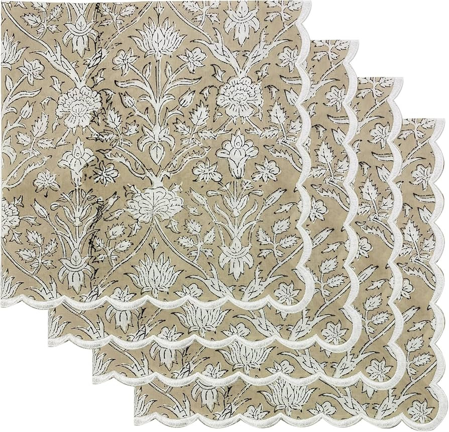 Ridhi Hand Block Print Taupe 18" x 18" (Set of 4) Embriodery Table Napkins Reusable Cotton Dinner... | Amazon (US)