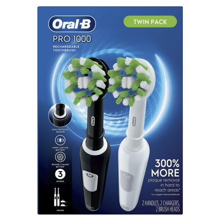 Oral-B Pro 1000 CrossAction Rechargeable Electric Toothbrush Pack, Black and White, 2 Count | Walmart (US)
