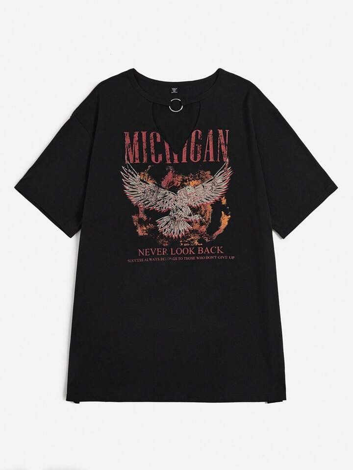 SHEIN EZwear Plus Eagle & Letter Graphic Cut Out Front Drop Shoulder Tee Dress Without Belt | SHEIN