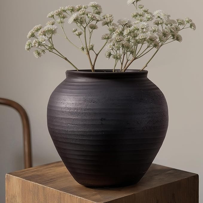 Matte Black Ceramic Vase, 6.7\u201d Wabi-Sabi Ribbed Flower Vase, Handmade Pottery Vase for Pampa... | Amazon (US)