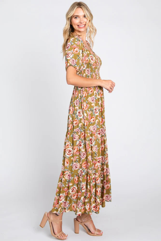 Olive Floral Smocked Square Neck Tiered Maxi Dress | PinkBlush Maternity