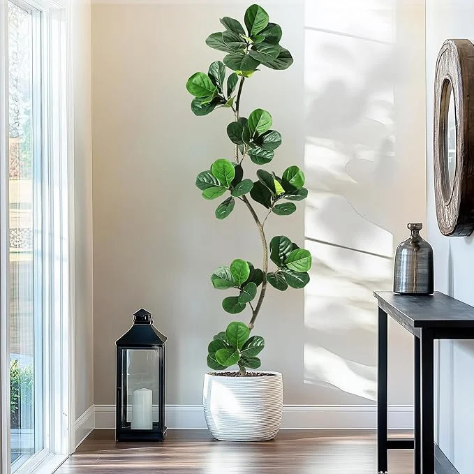 Artificial Fiddle Leaf Fig Tree with White Planter, 7ft Tall Fake Tree with Natural Wood Trunk fo... | Walmart (US)