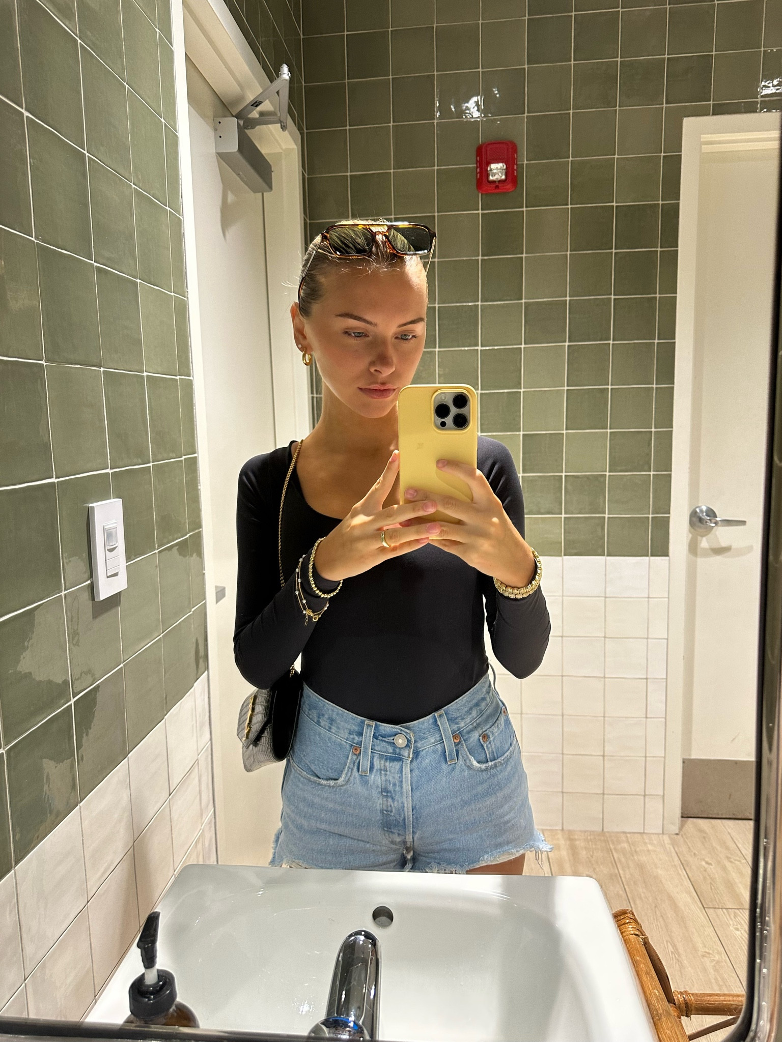 Black body suit and fav Jean shorts 