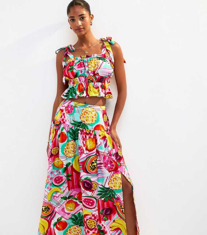 Red Tropical Fruit Print Side Split Midi Skirt | New Look | New Look (UK)