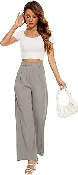 FUNYYZO Women's Wide Leg Pants High Elastic Waisted in The Back Business Work Trousers Long Strai... | Amazon (US)