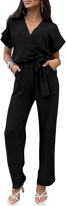 PRETTYGARDEN Womens Short Sleeve Wrap V Neck Belted Wide Leg Jumpsuit | Amazon (US)