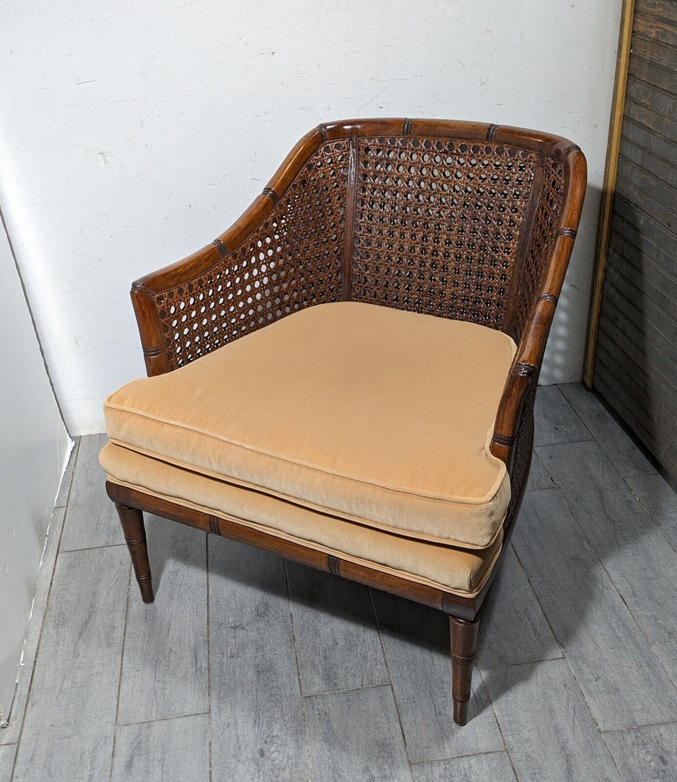 Vintage Faux Bamboo Cane Barrel Lounge Arm Chair Chippendale Hollywood Regency  | eBay | eBay US