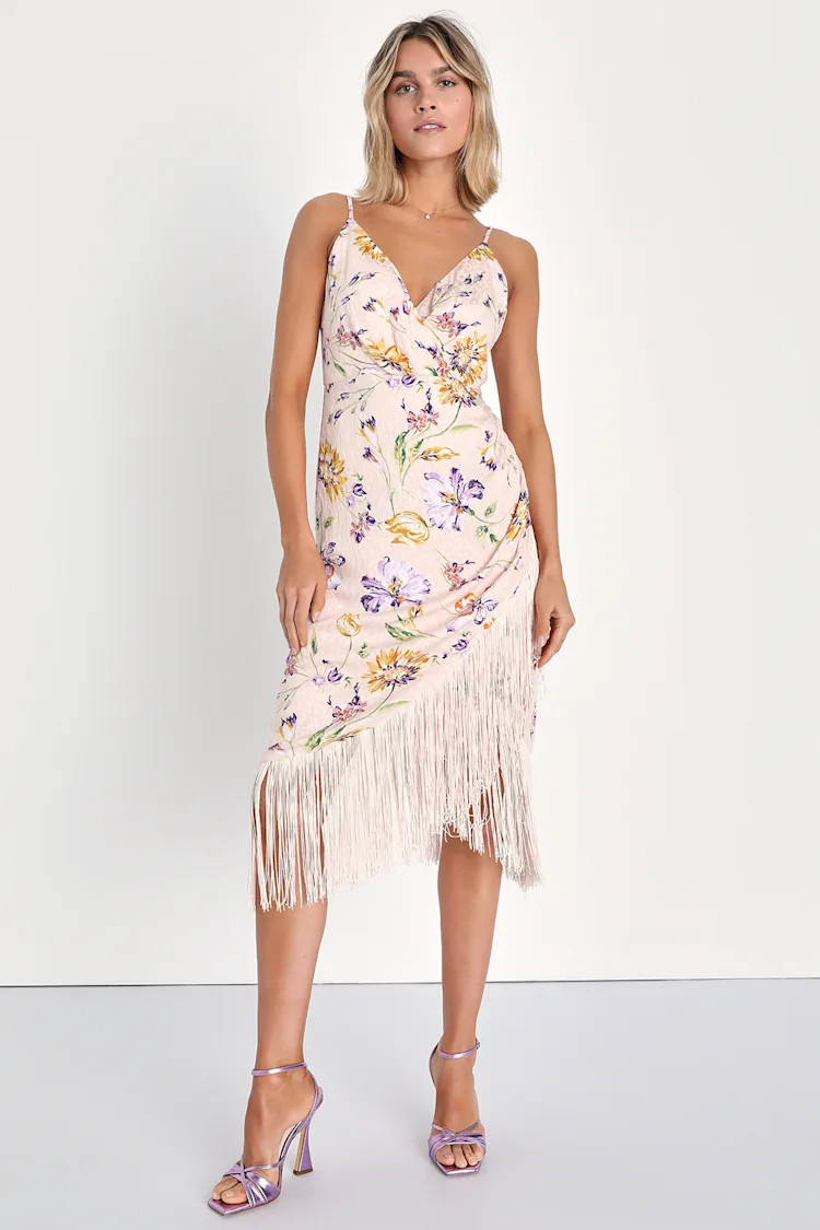 Irresistibly Fun Blush Pink Floral Jacquard Fringe Midi Dress | Lulus