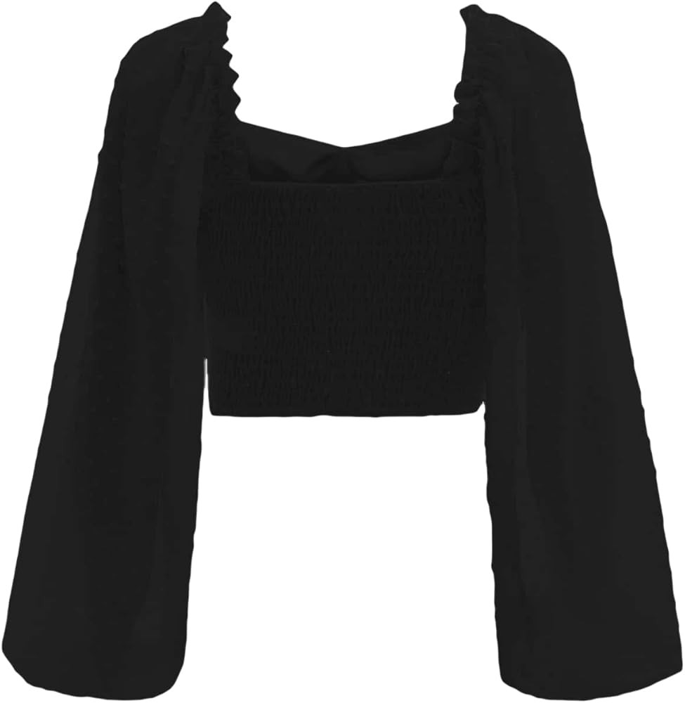 MakeMeChic Women's Swiss Dots Frill Trim Shirred Back Crop Blouse Lantern Long Sleeve Tops | Amazon (US)