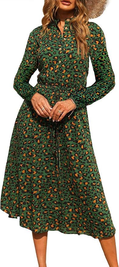 KIRUNDO Women’s Midi Leopard Dress Stylish Long Sleeves High Waist Dress Button Front Drawstrin... | Amazon (US)