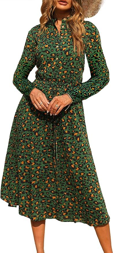 KIRUNDO Women’s Midi Leopard Dress Stylish Long Sleeves High Waist Dress Button Front Drawstrin... | Amazon (US)