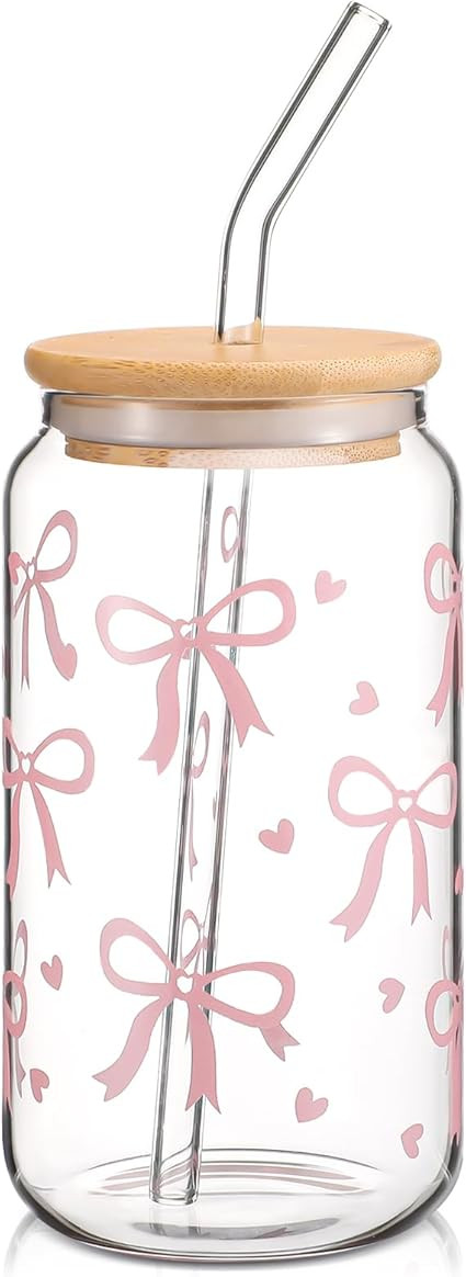 Hoolerry Coquette Bow Aesthetic Cup, 16 oz Dainty Pink Glass Cup with Lid and Straw, Vintage Bows... | Amazon (US)