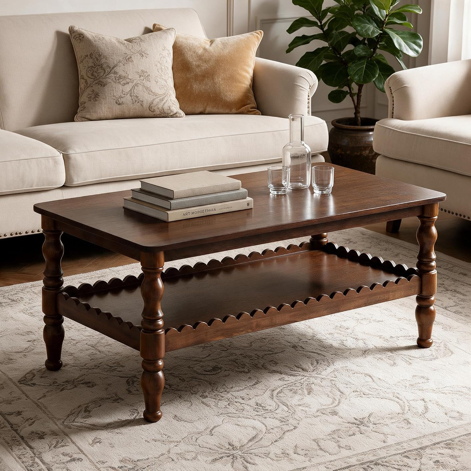 43.3" Retro Solid Wood Coffee Table with Wave Storage Shelf,Brown | Amazon (US)
