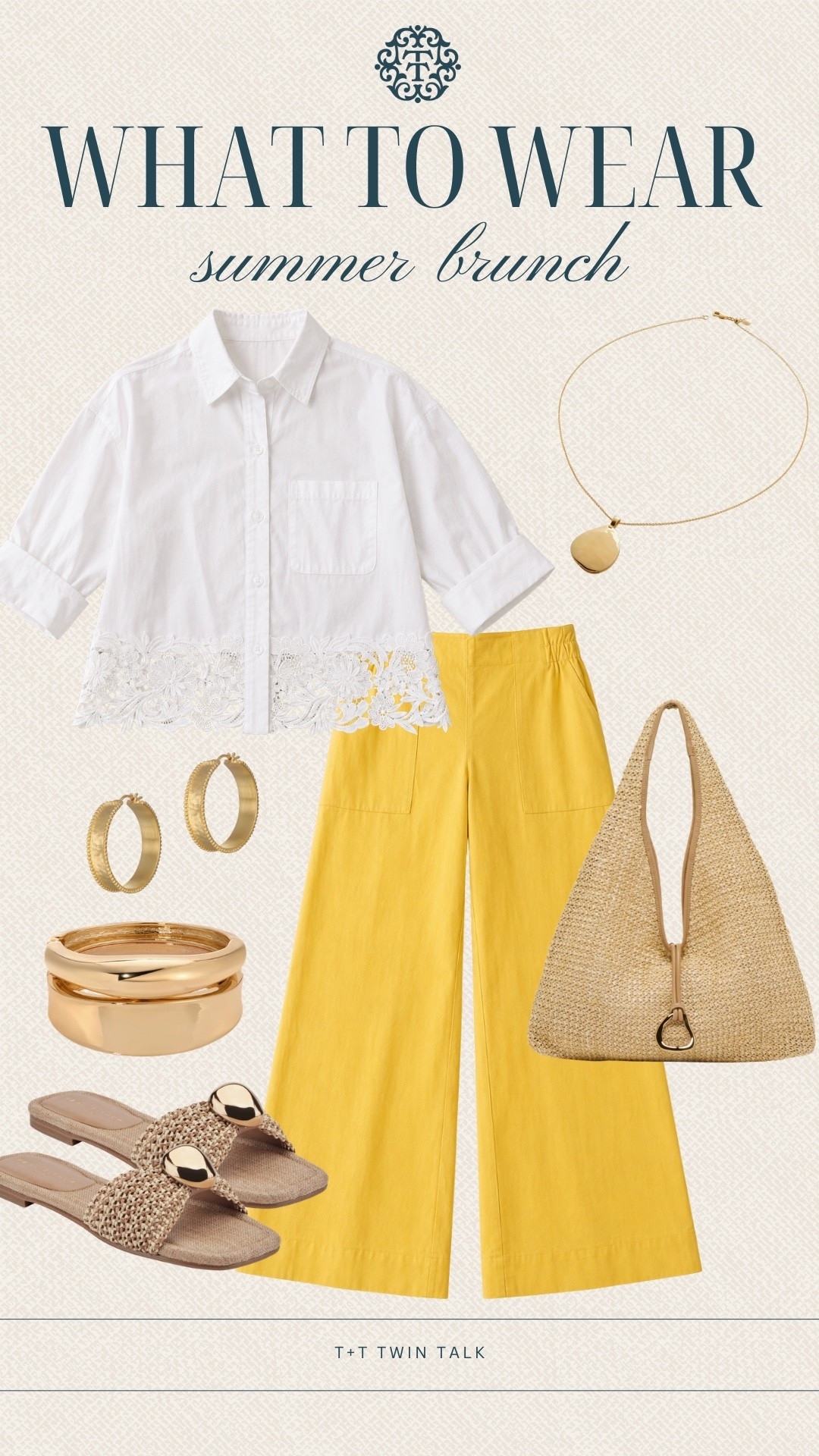 T+T, what to wear! A crisp white button-down paired with bright yellow pants is a fun choice for summer brunch. The woven slides, straw tote, and gold jewelry keep the outfit relaxed while still feeling put together.

#LTKMidsize #LTKOver40 #LTKSeasonal