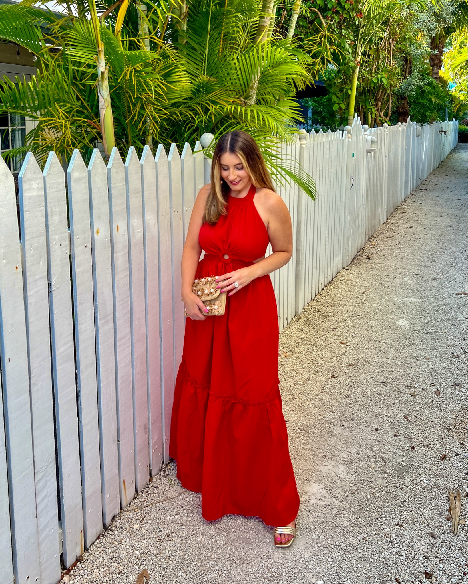 Beautiful red maxi dress, vacation dress, halter dress, gold heels, gold hoop earrings, straw clutch, beach vacation, date night look 

#LTKfindsunder100 #LTKSeasonal #LTKstyletip