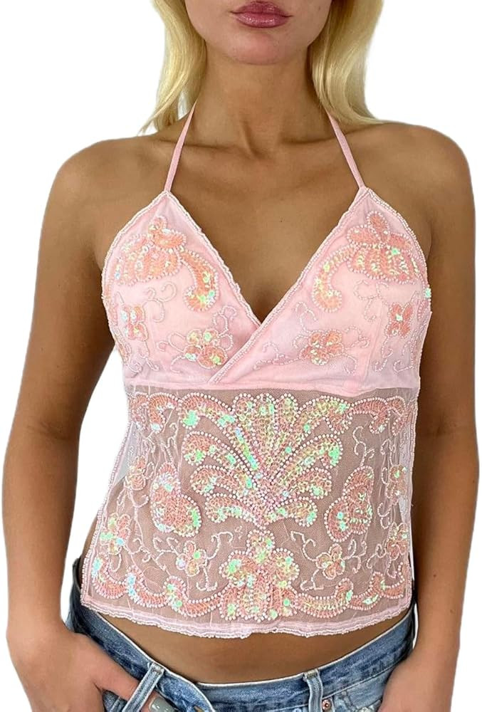 Women Y2K Sparkly Halter Neck Tank Tops Sleeveless Tie Back Glitter Crop Top Backless Sequin Cami... | Amazon (US)