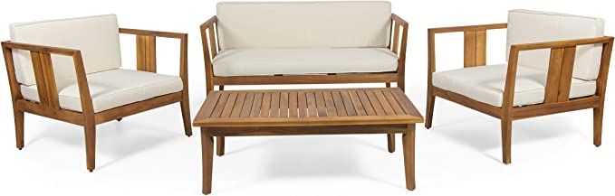 Amazon.com: Christopher Knight Home Beatrice Outdoor 4 Seater Acacia Wood Chat Set, Teak and Beig... | Amazon (US)
