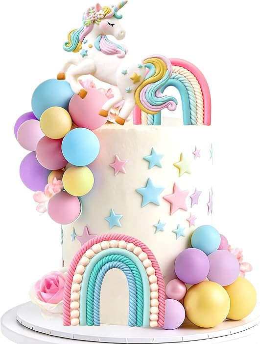 Unicorn Cake Topper Rainbow Flower Cake Decorations\uff0c Flowers Balls Decor for Girls Boys Birt... | Amazon (US)