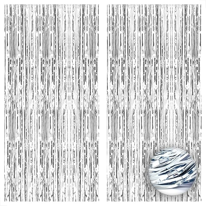 XtraLarge, 6.4x8 Feet Silver Fringe Backdrop - Big 2 Piece | Silver Streamer Backdrop | Silver Fo... | Amazon (US)