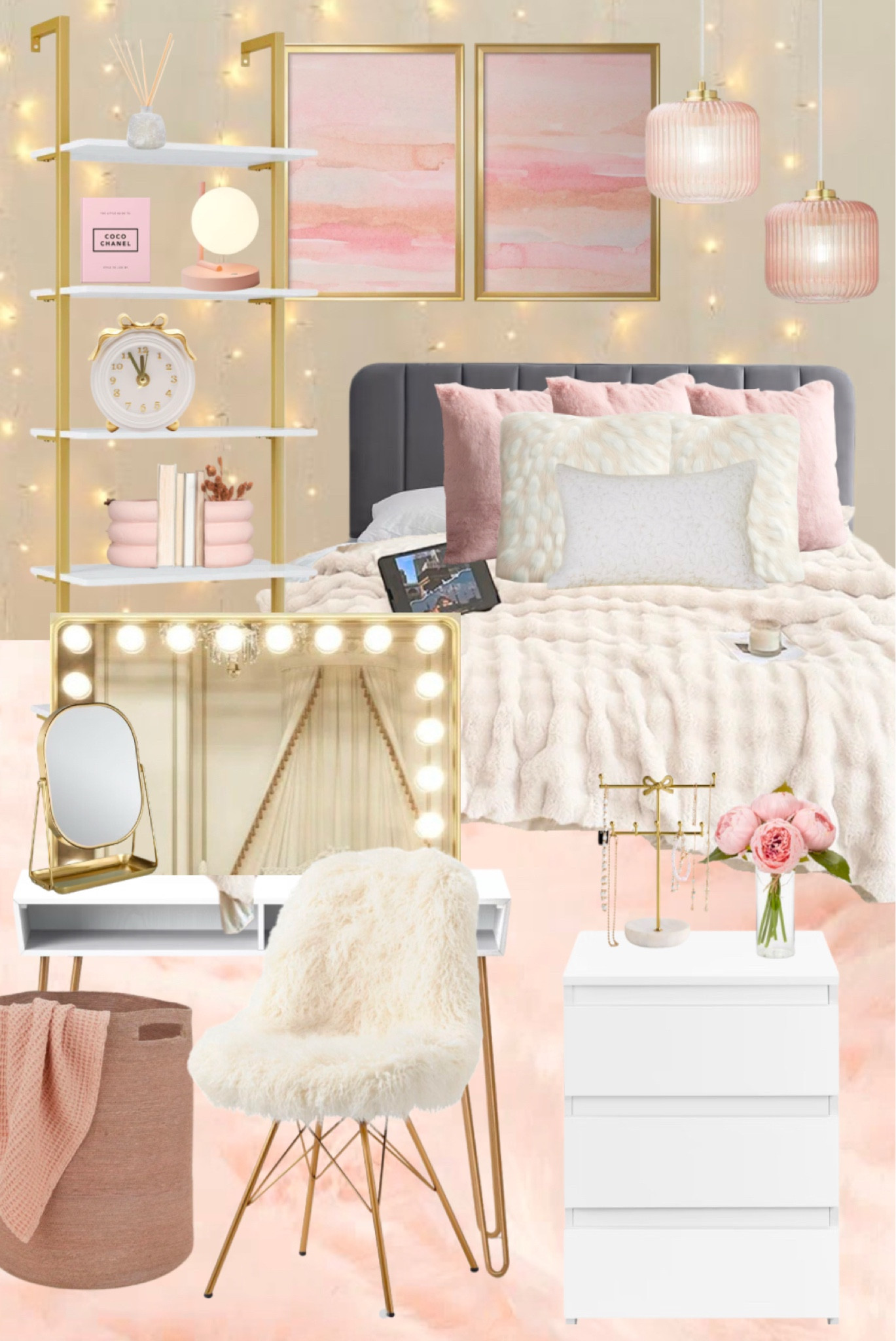 Glinda inspired bedroom 💕🪄✨My tween daughter is in to all things sparkly and cozy right now so I’ve been enjoying creating rooms for her as we redecorate. We both love the ambience twinkle lights give and I wanted to give that to her all year round so we added wall length string lights, along with the Hollywood-style vanity mirror. I’m OBSESSED with the pale pink pendant lights!   

#LTKBeauty #LTKKids #LTKHome