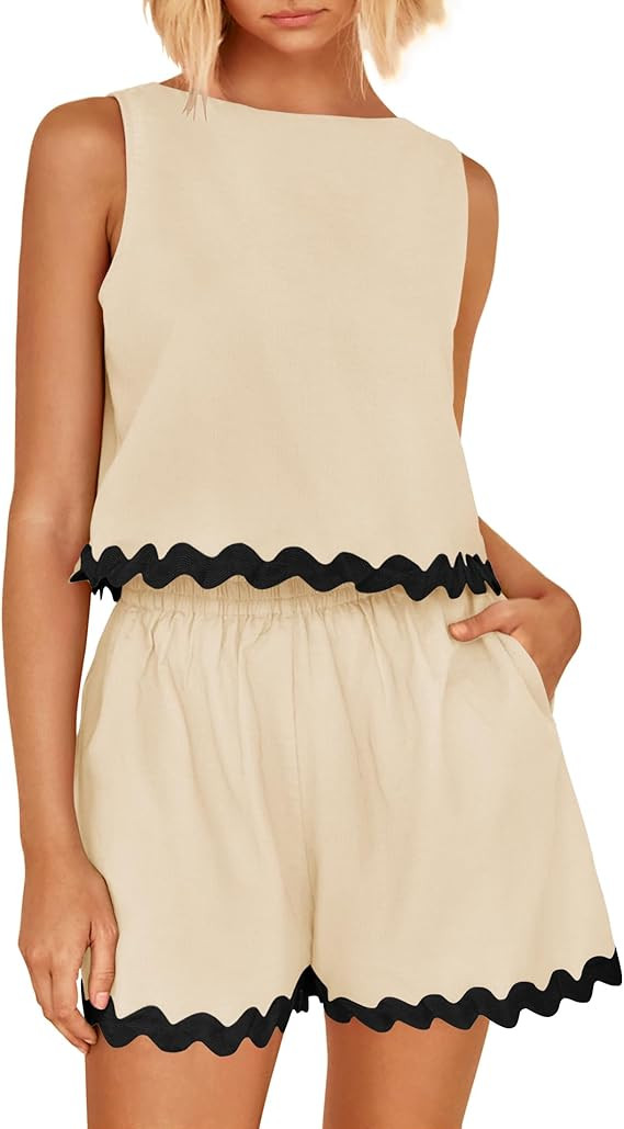 ZESICA Women's 2024 Summer 2 Piece Outfits Set Linen Lace Trim Crewneck Tank Crop Top and Shorts ... | Amazon (US)