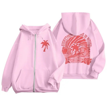 Pink Palm Puff Hoodie for Women 2024 Pink Graphic Zip Hoodie For Women 2024 Cute Preppy Sweatshirt Long Sleeve Drawstring Pink Palm Puff Hoodie Y2k Clothes Pink XXXL | Walmart (US)