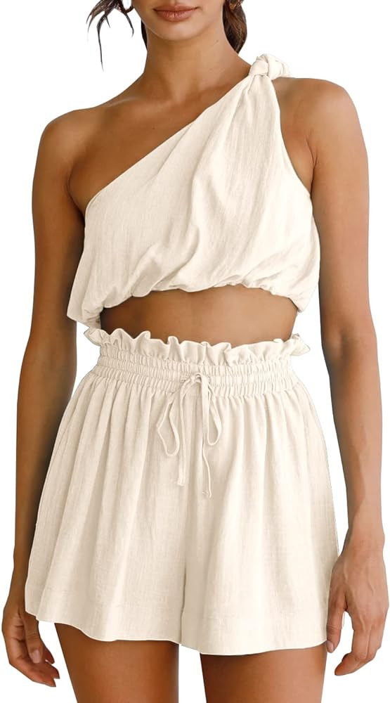 Imily Bela Womens 2 Piece Outfits Linen Matching Sets Two Piece Crop Tops and Paper Bag Waist Sho... | Amazon (US)