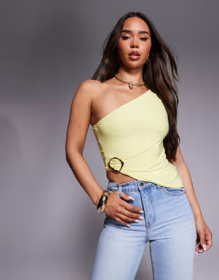 Missyempire double sculpted slinky one shoulder asymmetric hem gold buckle top in yellow | ASOS | ASOS (Global)