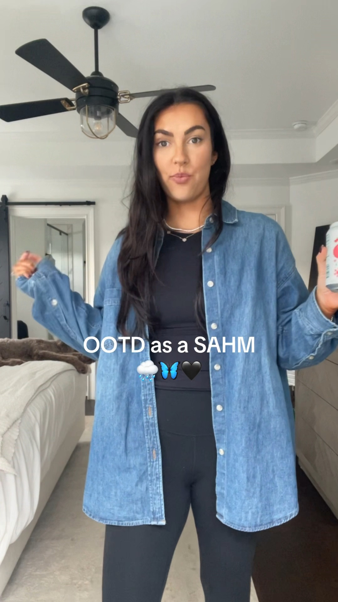 Everyday outfit stay at home mom denim shirt black legging black top Nike shoes white socks 

#LTKFindsUnder50 #LTKActive #LTKStyleTip