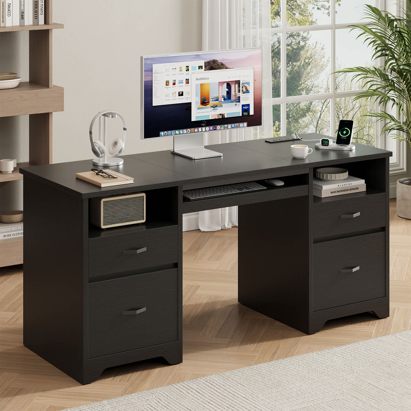 Bestier 59.06-in W Black Office Desk with Charging Station and Keyboard Tray Computer Desk with Drawers Modern Executive Desk for Home office | Lowe's