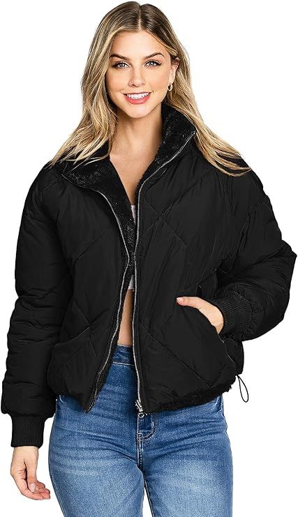 Love Tree Women's Juniors Reversible Teddy Bear Puffer Jacket | Amazon (US)