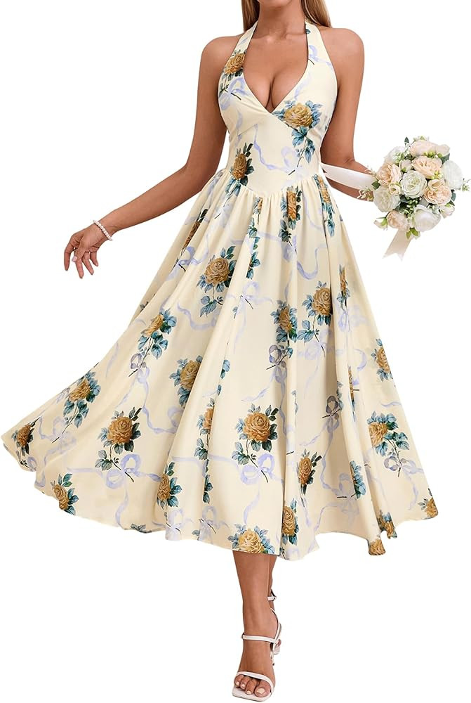 Parthea Women's Gingham Halter V Neck Midi Dress Corset Smocked Sundress Flowy A Line Wedding Gue... | Amazon (US)