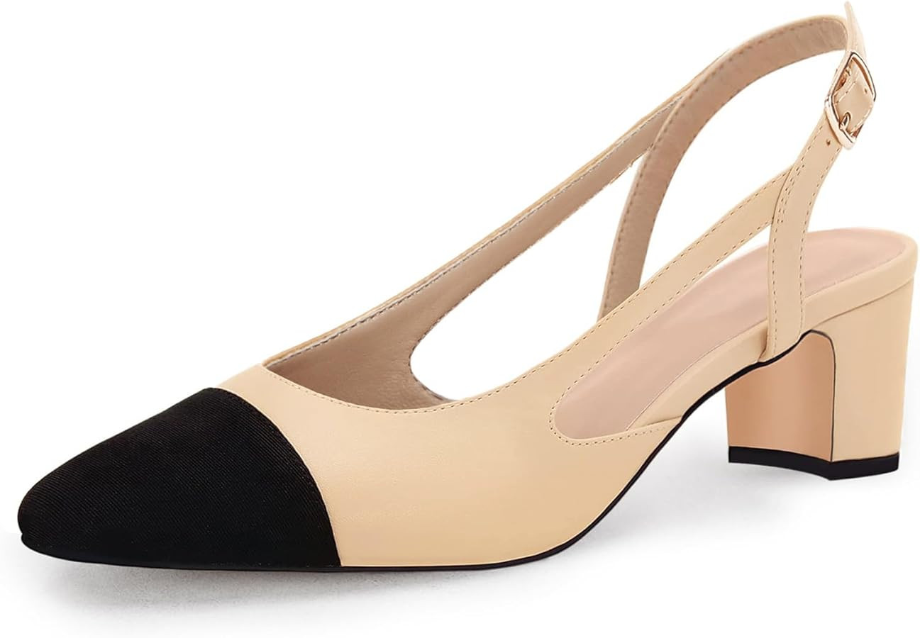 Coutgo Womens Slingback Kitten Heels Low Chunky Heel Splicing Toe Office Wedding Dress Pumps Shoe... | Amazon (US)