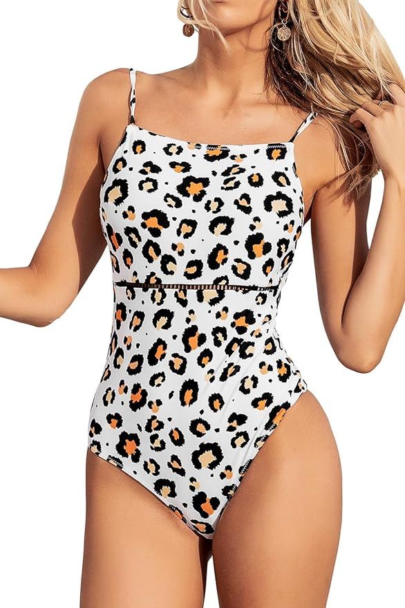 CUPSHE Women's One Piece Swimsuit Square Neck Leopard Print Low Back Swimwear Bathing Suits | Amazon (US)
