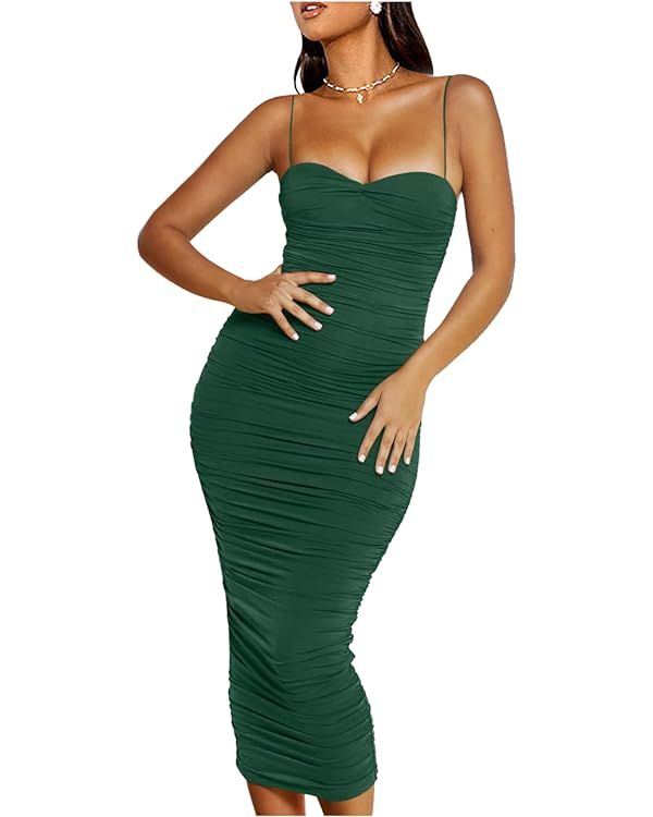 L'VOW Women's Sexy Ruched Bodycon Spaghetti Strap Backless Maxi Pencil Formal Dress | Amazon (US)
