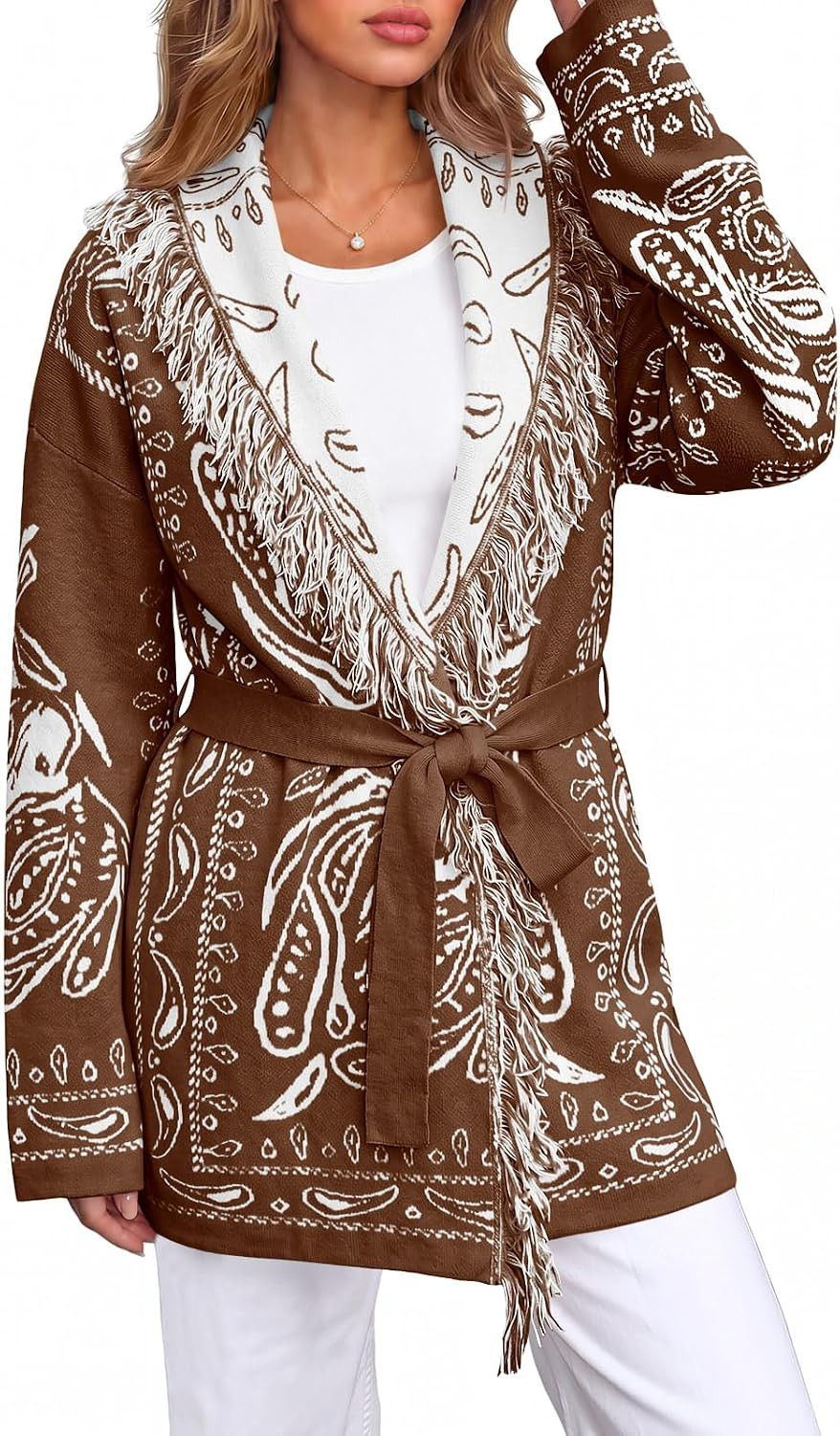Saodimallsu Womens Fall Tassel Shawl Collar Cardigan Paisley Wrap Sweaters | Coats with Belt,Long sleeve,Boho style,Bandana Pattern,Elegant Fringe Cardigan,2026 Fall Fashion,Soft Knit | Amazon (US)