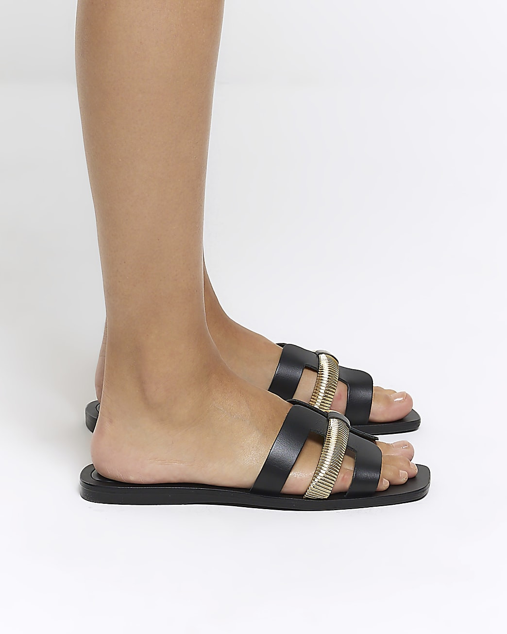 Black leather flat sandals | River Island UK & IE