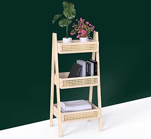 Ladder Bookshelf, 3-Tier Industrial Rattan Bookshelf,Free Standing Bookcase,Wood Organizer Storag... | Amazon (US)